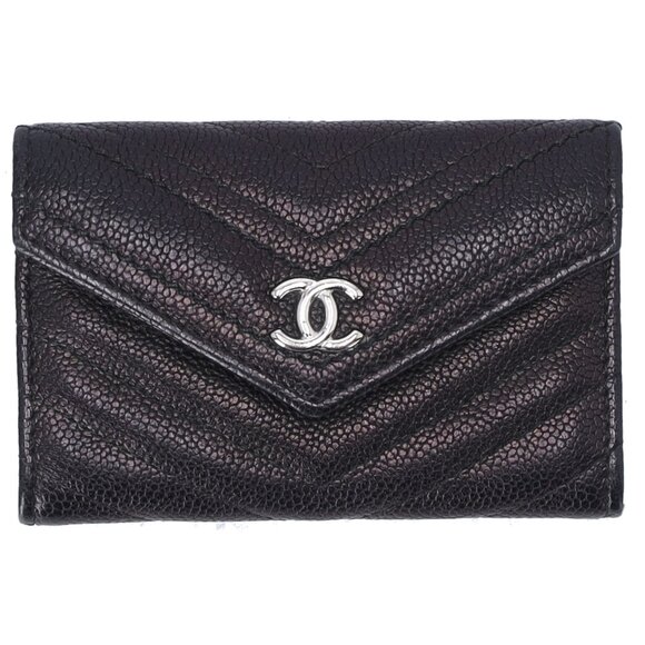 CHANEL Chevron V Stitch Card Case Wallet Black Calfskin Leather - Picture 1 of 5